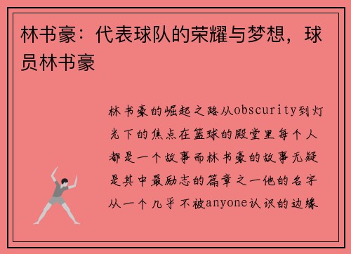 林书豪：代表球队的荣耀与梦想，球员林书豪